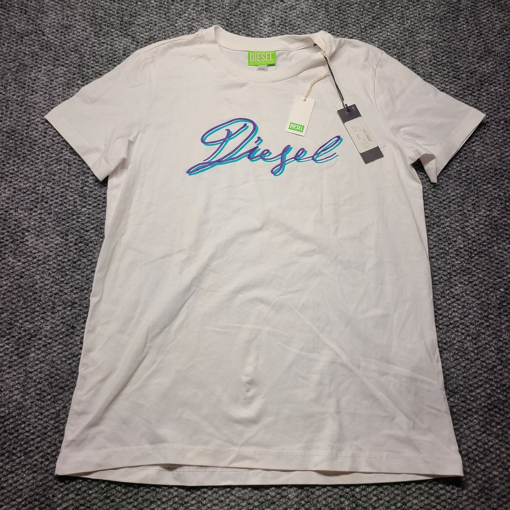 Diesel T-Sily-K10 T-Shirt Womens L White Spellout Graphic Print Crew Neck W Tags